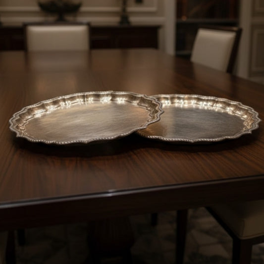 Antique Brass Plates in Pair with Ornated Borders | Decorative Brass Plate Set | Made in 1974