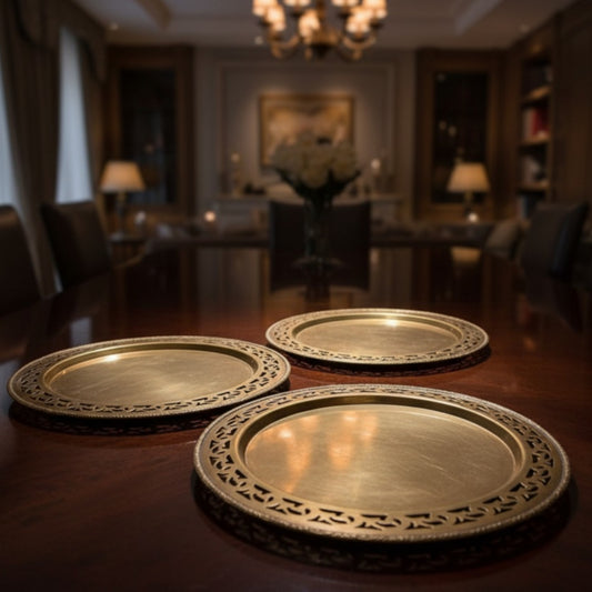 Antique Brass Plates Set of 3 with Ornated Borders and Engraved | Decorative Brass Plate Set | Made in 1979