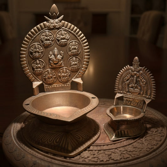 Antique Brass Engraved Diyas in Pair | Decorative Brass Lamp Set | Made in 1963