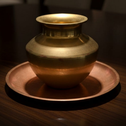 Antique Brass and Copper Ganga Jamuna Kalash with Copper Plate 1L | Decorative Metalware Set | Made in 1970