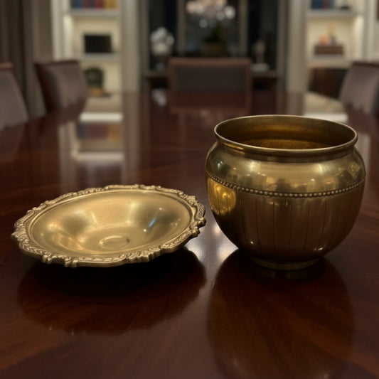 Antique Brass Planter and Stand in Pair 2.5L | Decorative Brass Planter Set | Made in 1976