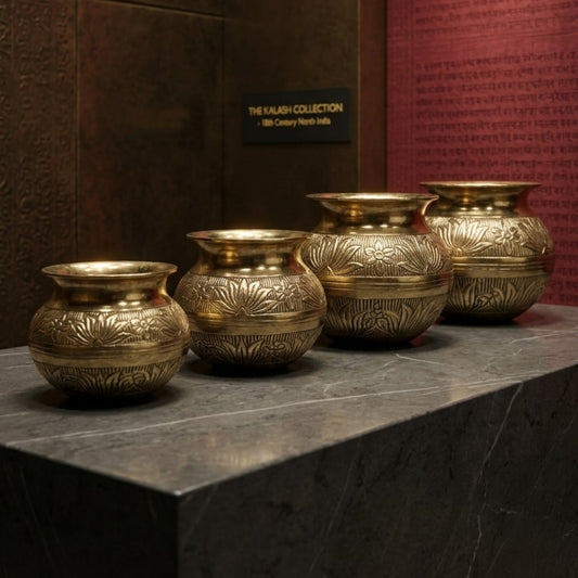 Engraved Floral Kalash Set of 4 by Bombay Antiques | Decorative Metalware Collection - Bombay Antiques