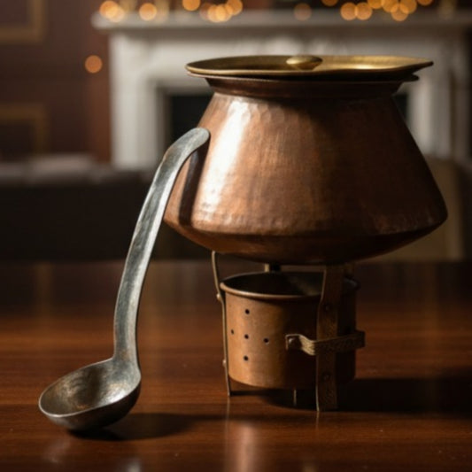 Antique Copper Cooking Bowl with Lid, Ladle and Burner 1.5L | Traditional Copper Cookware Set | Made in 1966