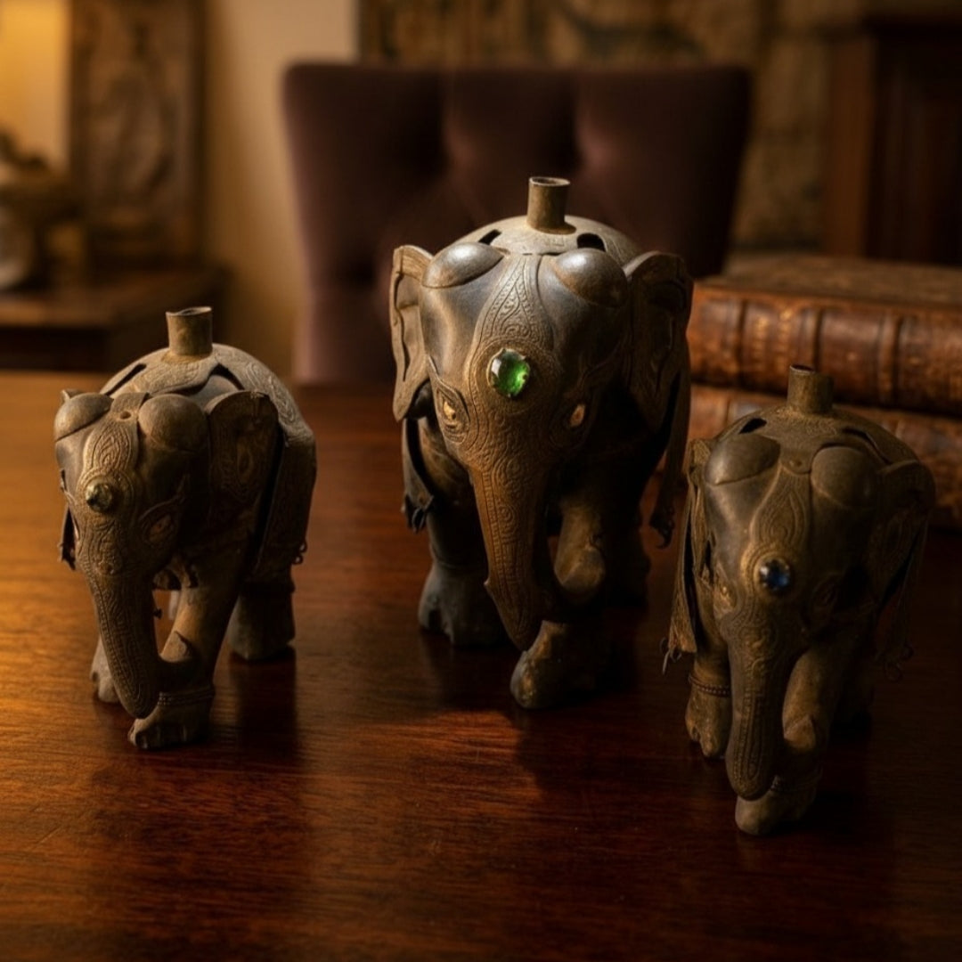 Antique Rosewood Engraved Elephant with Brass Work Set of 3 | Decorative Wooden Collectibles | Made in 1984