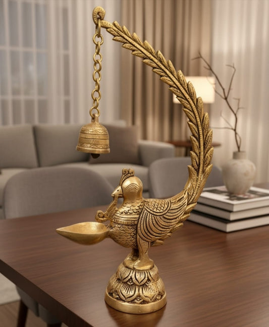 Antique Brass Engraved Diya with Bell | Decorative Brass Hanging Accent | Made in 1968