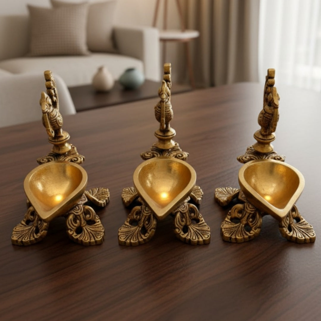 Antique Brass Engraved Diya Set of 3 | Decorative Brass Lighting Set | Made in 1973