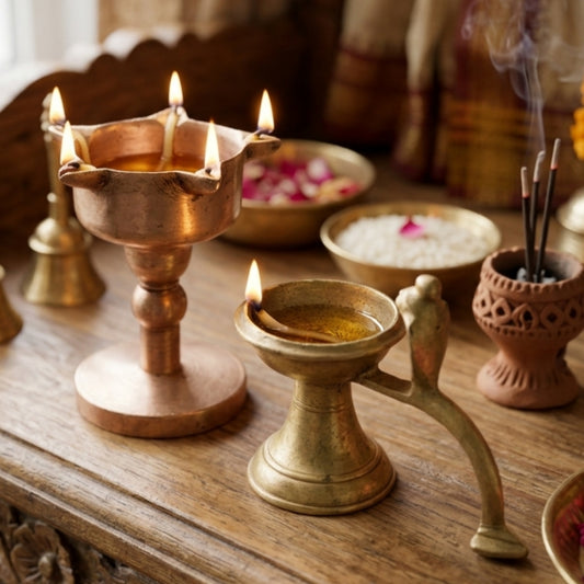 Antique Brass Small Samay & Hand Diya Set | Decorative Brass Lighting Pieces | Made in 1980