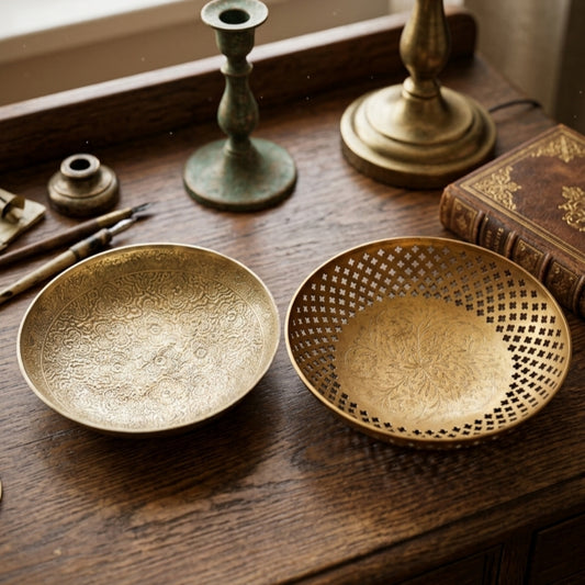 Antique Brass Engraved Decor Bowl Pair | Decorative Brass Bowls | Made in 1976