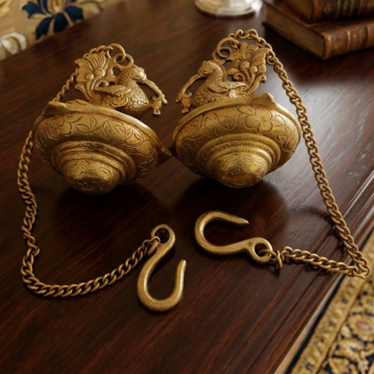 Antique Brass Engraved Peacock Hanging Diya Pair | Decorative Brass Hanging Lights | Made in 1977