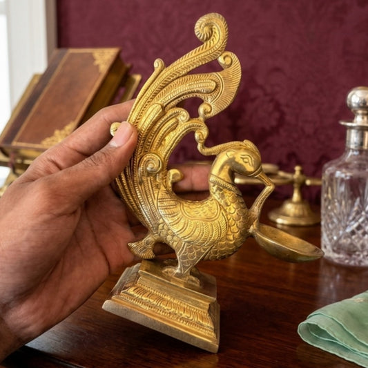 Antique Brass Engraved Peacock Diya | Decorative Brass Lighting Piece | Made in 1972