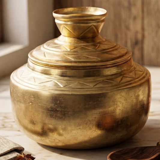 Antique Peetal Engraved Storage Box | Premium Brass Lidded Container | Made in 1980 - Bombay Antiques