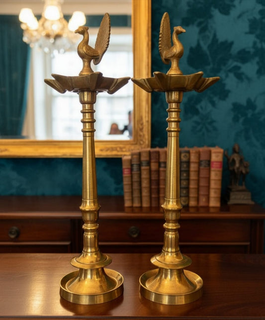 Antique Peetal Peacock Samay Pair | Premium Brass Standing Oil Lamps | Made in 1953 - Bombay Antiques