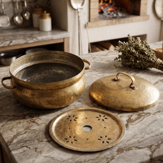 Antique Peetal Steamer with Tong | Premium Brass Cooking Vessel | Made in 1970 - Bombay Antiques