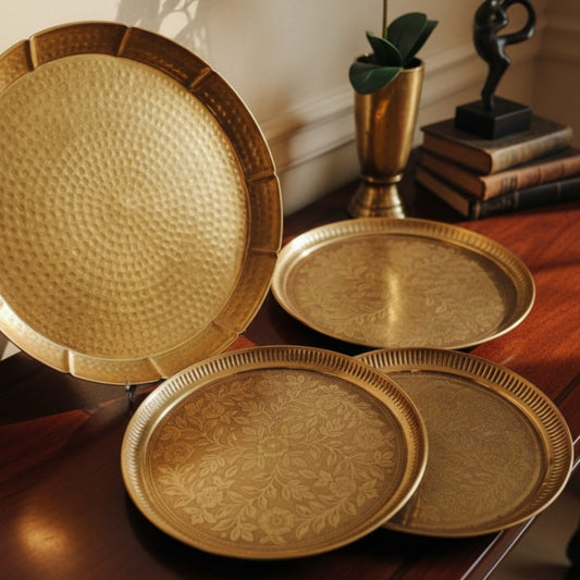 Antique Peetal Engraved Plate Set of 4 | Premium Brass Serving Plates with Decorative Borders | Made in 1985 - Bombay Antiques