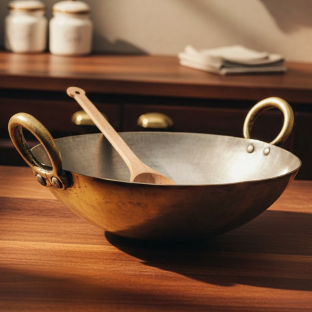 Antique Peetal Chinese Kadai with Ladle Spatula | Premium Brass Cooking Vessel | Made in 1960 - Bombay Antiques