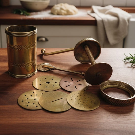 Vintage Peetal Chakali Maker | Premium Brass Kitchen Press | Made in 1990 - Bombay Antiques