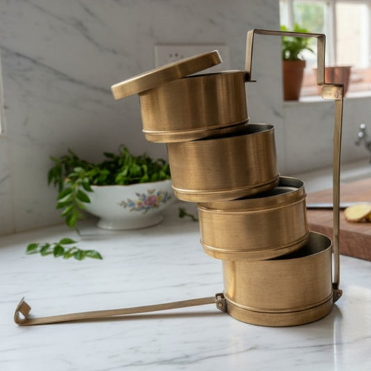 Antique Peetal Four Tier Tiffin Box | Brass Lunch Carrier | Made in 1960 - Bombay Antiques