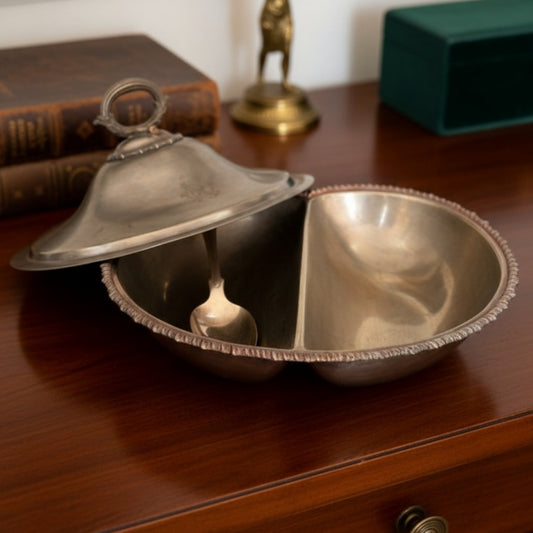 Antique Peetal Covered Serving Dish with Ladle | Premium Brass Divided Serving Bowl | Made in 1980 - Bombay Antiques
