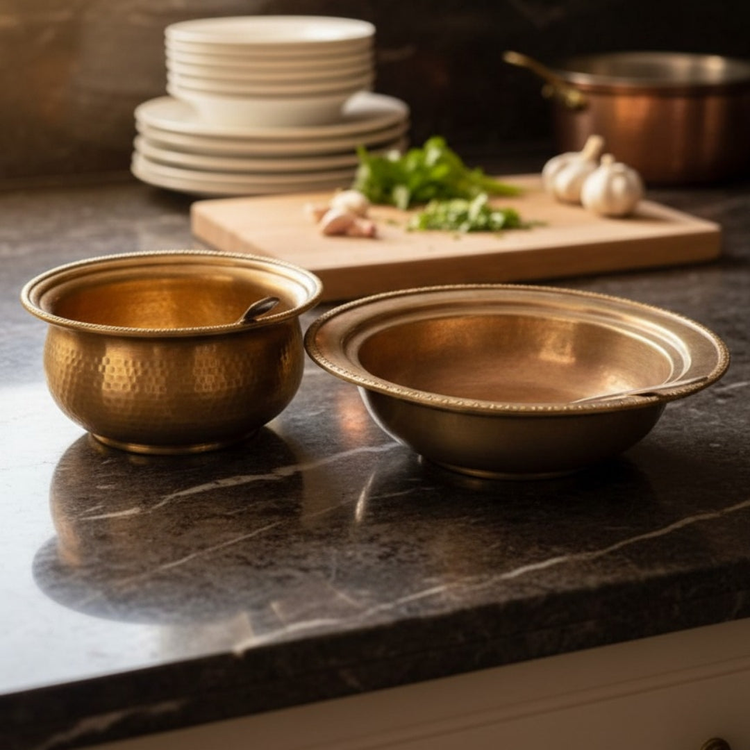 Antique Peetal Serving Bowl Set with Spoon and Fork | Brass Dining Bowl Pair | Made in 1975 - Bombay Antiques