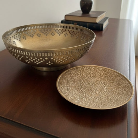Antique Peetal Engraved Decor Bowl Set | Brass Pierced Decorative Bowl Pair | Made in 1970 - Bombay Antiques