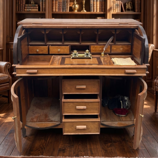 Antique Teakwood Roll-Top Bureau Writing Desk | Colonial Solid Wood Study Desk with Drawers | Made from 100 years old Teakwood - Bombay Antiques