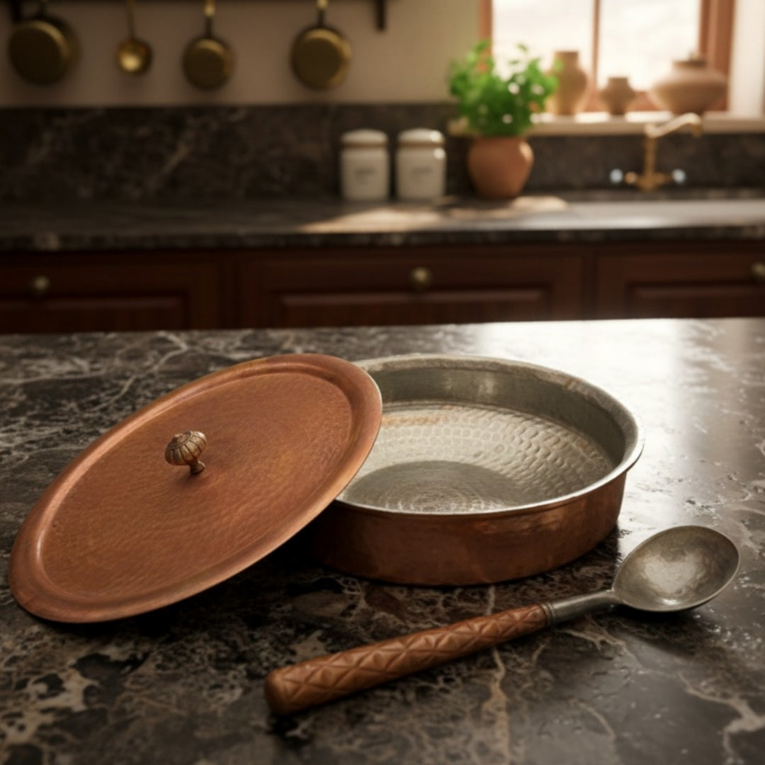 Antique Tamba Deg with Lid and Ladle | Copper Cooking Vessel Set | Made in 1960 - Bombay Antiques