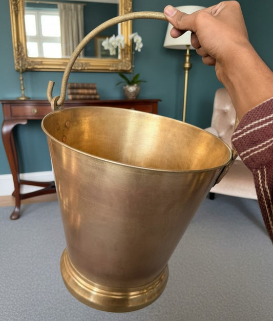 Antique Peetal Bucket | Brass Water Bucket with Maker's Tag | Made in 1966 - Bombay Antiques