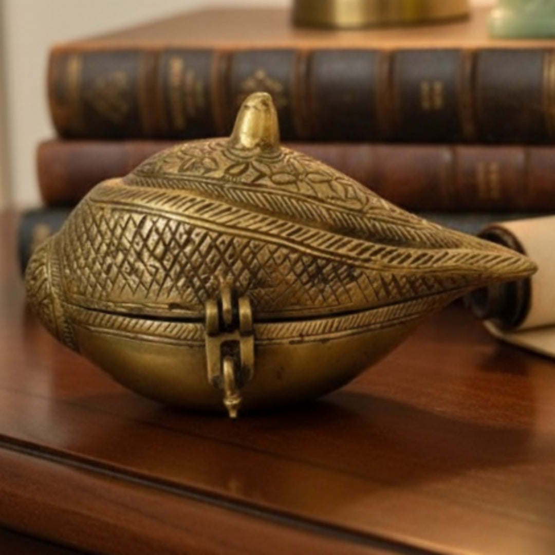 Antique Peetal Engraved Shell Box | Brass Shell Shape Storage Box | Made in 1965