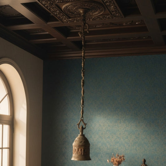 Antique Peetal Heavy Hanging Bell | Brass Engraved Collectible Bell with Chain | Made in 1959 - Bombay Antiques
