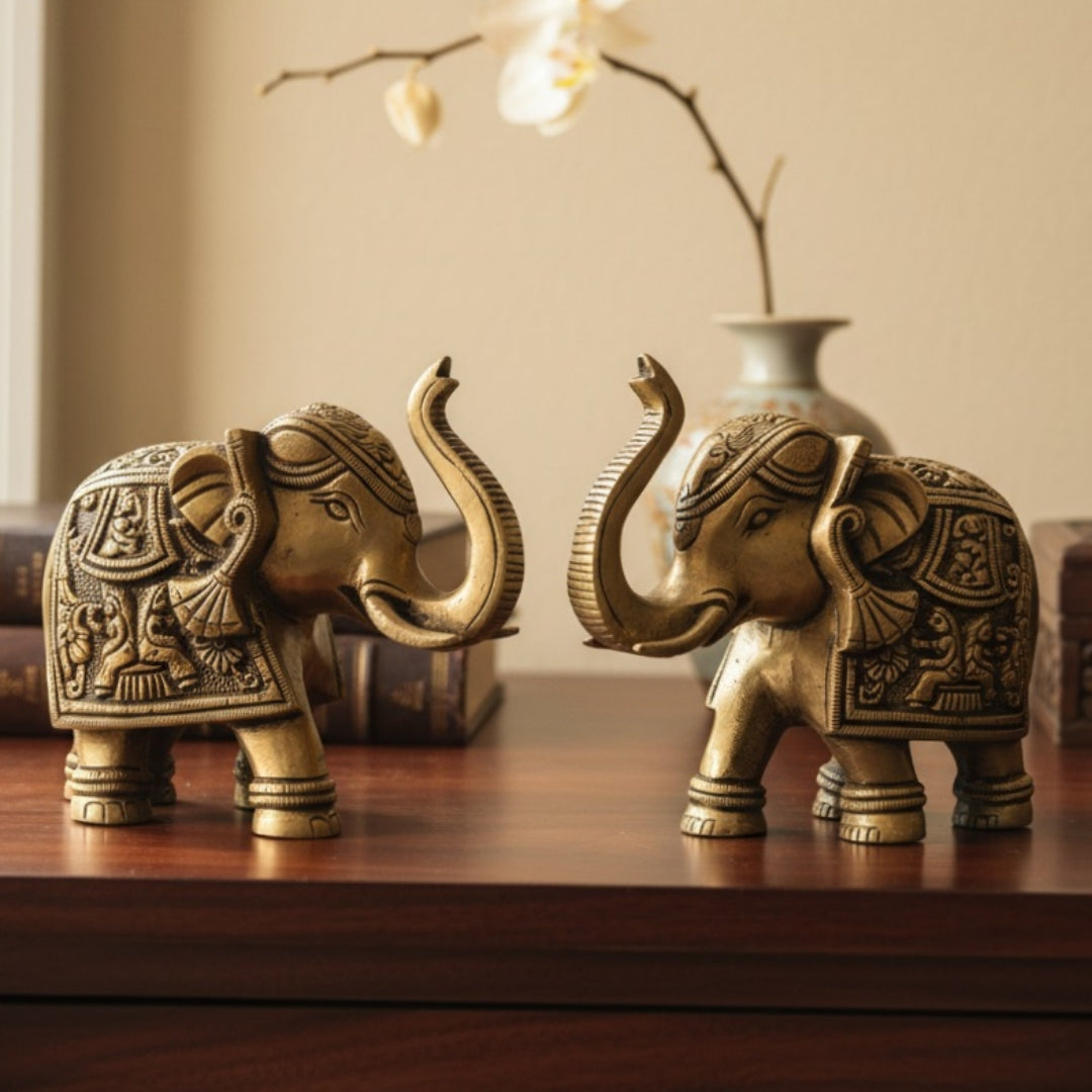 Antique Peetal Heavy Elephant Figurine Set | Brass Decorative Elephant Pair | Made in 1960 - Bombay Antiques