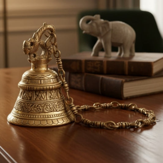 Antique Peetal Engraved Heavy Hanging Bell | Brass Elephant Crown Collectible Bell with Chain | Made in 1960