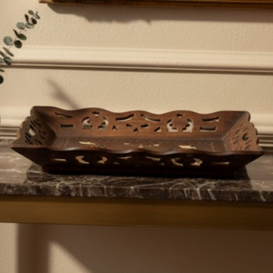 Antique Teakwood Pierced Gallery Tray | Hand Carved Solid Wood Serving Tray with Brass Inlay | Made circa 1965