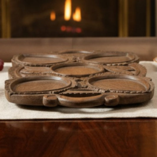 Antique Teakwood Five Section Carved Serving Tray | Hand Carved Solid Wood Compartment Tray | Made circa 1960