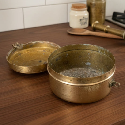 Antique Peetal Thick Gauge Lock Box | Brass Hammered Round Storage Box with Lock | Made in 1961
