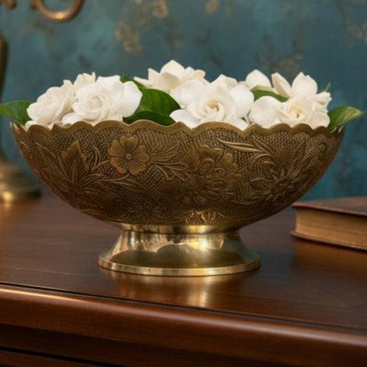 Antique Peetal Engraved Decor Bowl | Brass Hand-Engraved Footed Display Bowl | Made in 1967
