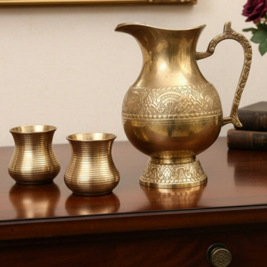 Antique Peetal Engraved Jug with Glass Set of 2 | Brass Hand-Engraved Serving Jug with Tumbler Pair | Made in 1968