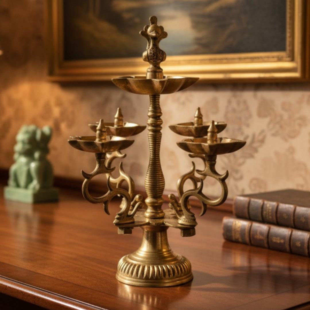 Antique Peetal Peacock Diya Stand | Brass Hand-Cast Five-Flame Diya Candelabra | Made in 1961