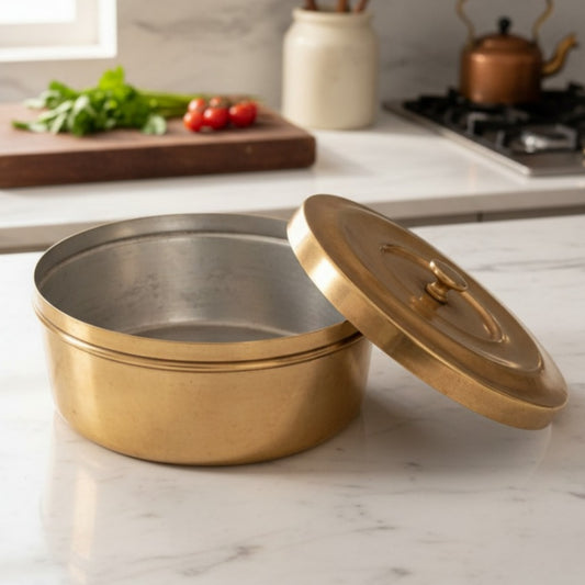 Antique Peetal Chapati Box | Brass Hand-Turned Roti Storage Box with Lid | Made in 1970