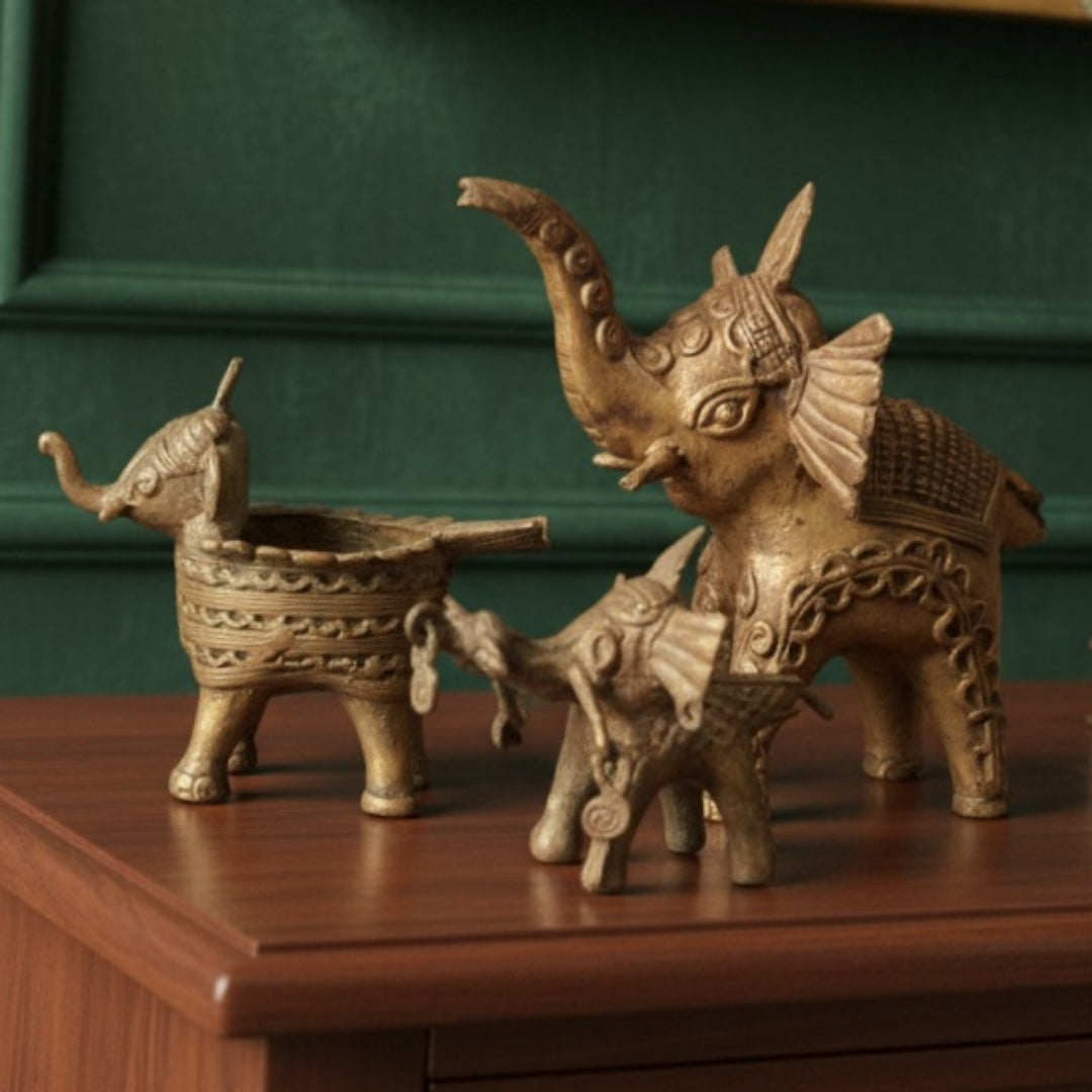 Antique Peetal Tribal Elephant Set of 3 | Brass Rare Decorative Animal Figurines | Made in 1959