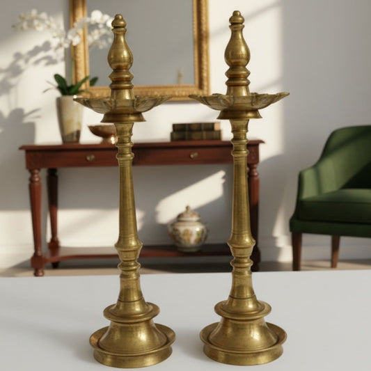 Antique Peetal Kerala Samai Pair | Rare Heavy Tall Brass Standing Oil Lamp Pair | Made in 1959 - Bombay Antiques