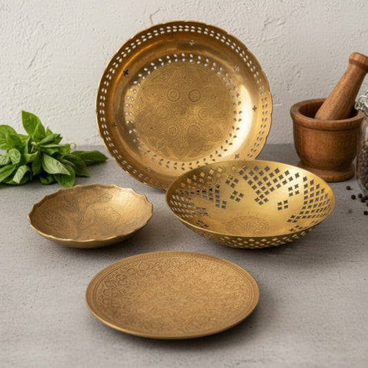 Antique Peetal Décor Bowl Set of 5 | Brass Engraved & Pierced Decorative Bowl Set | Made in 1979 - Bombay Antiques