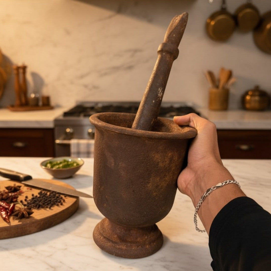 Antique Beed Heavy Khalbatta | 100+ Year Old Cast Iron Mortar & Pestle | Antique - Bombay Antiques