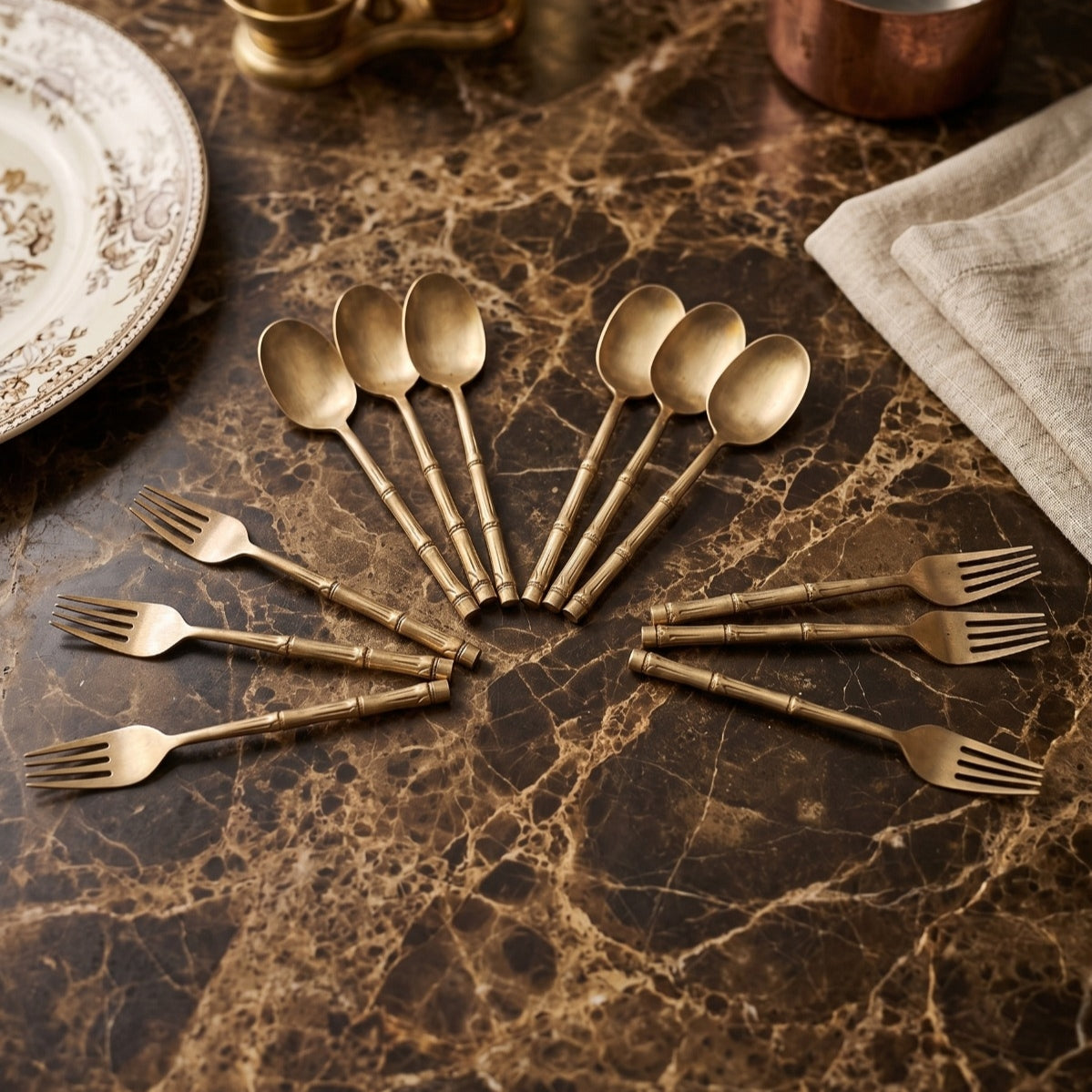 Antique Peetal Bamboo Cutlery Set of 12 | Brass Bamboo Handle Spoon & Fork Cutlery Set | Made in 1975