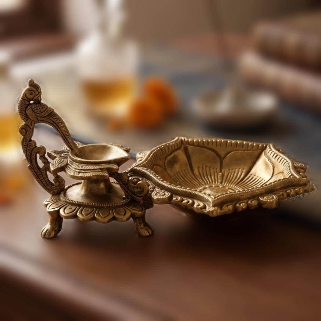 Antique Peetal Engraved Diya Pair | Brass Engraved Peacock Handle & Lotus Diya Pair | Made in 1968
