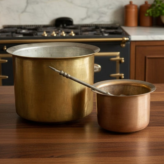 Antique Peetal Long Cooking Bowl Pair with Ladle | Brass & Copper Cylindrical Cooking Pot Pair with Ladle | Made in 1970