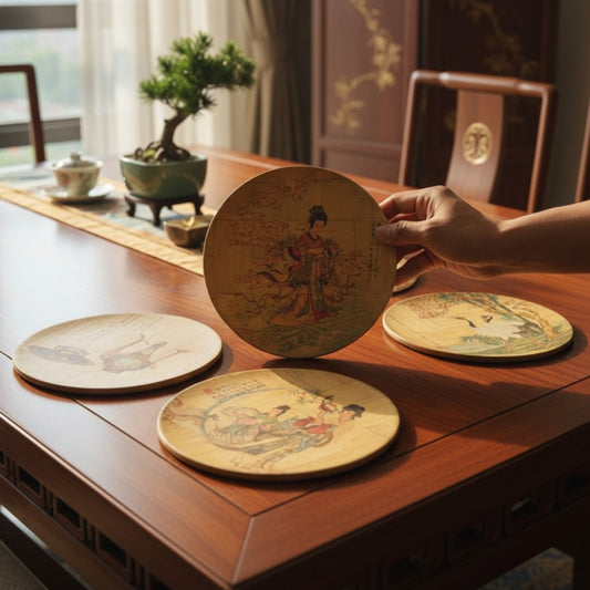 Vintage Chinese Hand Painted Decorative Plate Set of 5 | English Wood Hand Painted Oriental Art Plate Set | 1970s
