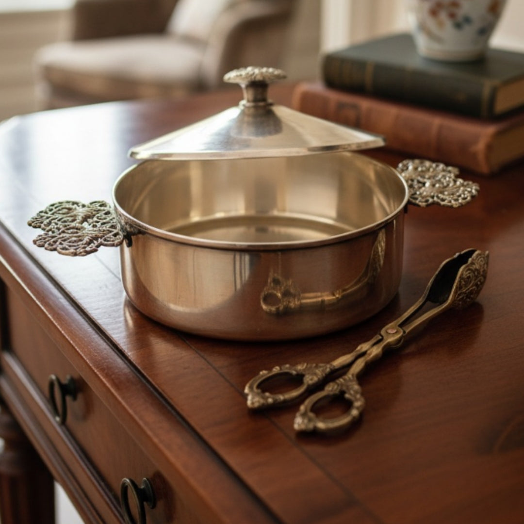 Antique Silver Coated Peetal Serving Box with Lid & Tong | Pure Brass Serving Container Set | Made in 1970
