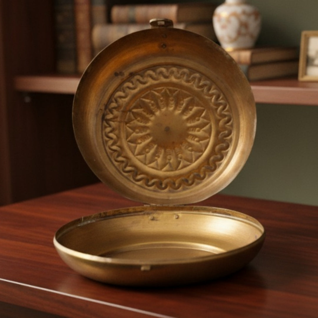 Antique Peetal Engraved Kadi Dabba | Pure Brass Decorative Storage Box with Lid | Made in 1980