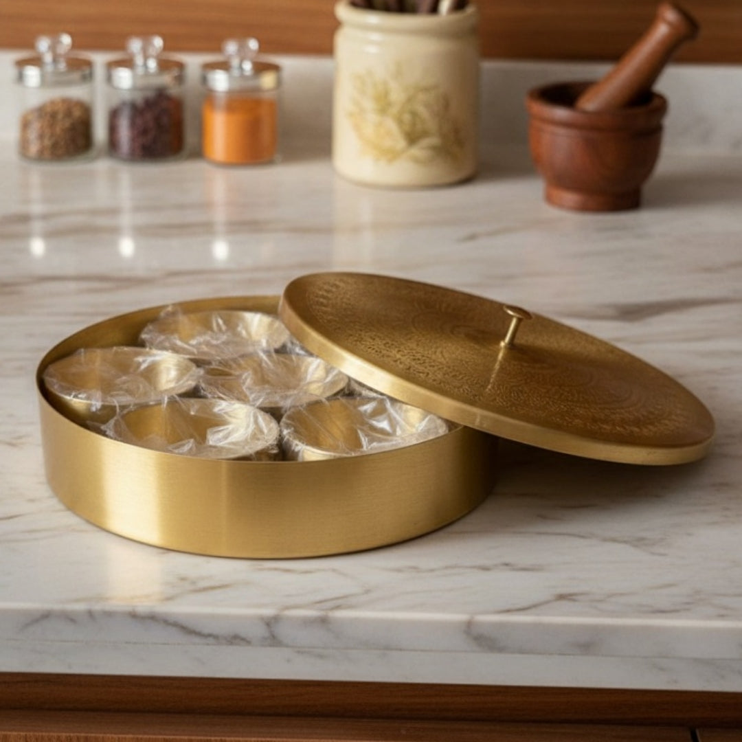 Premium Engraved Brass Masala Box | Pure Brass Spice Storage Container | Brand New