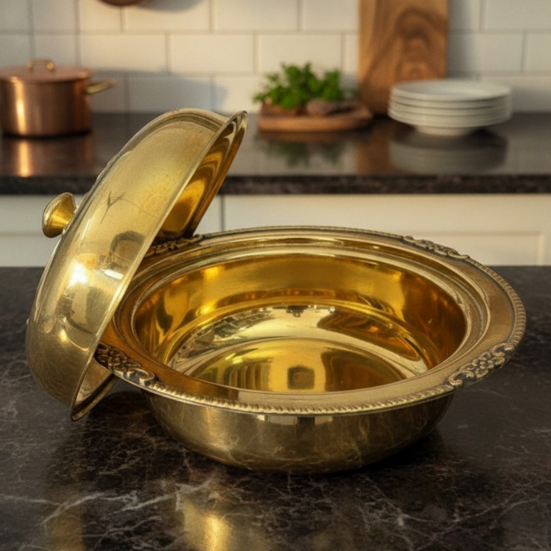 Premium Engraved Brass Bowl with Lid | Pure Brass Decorative & Serving Bowl | Brand New